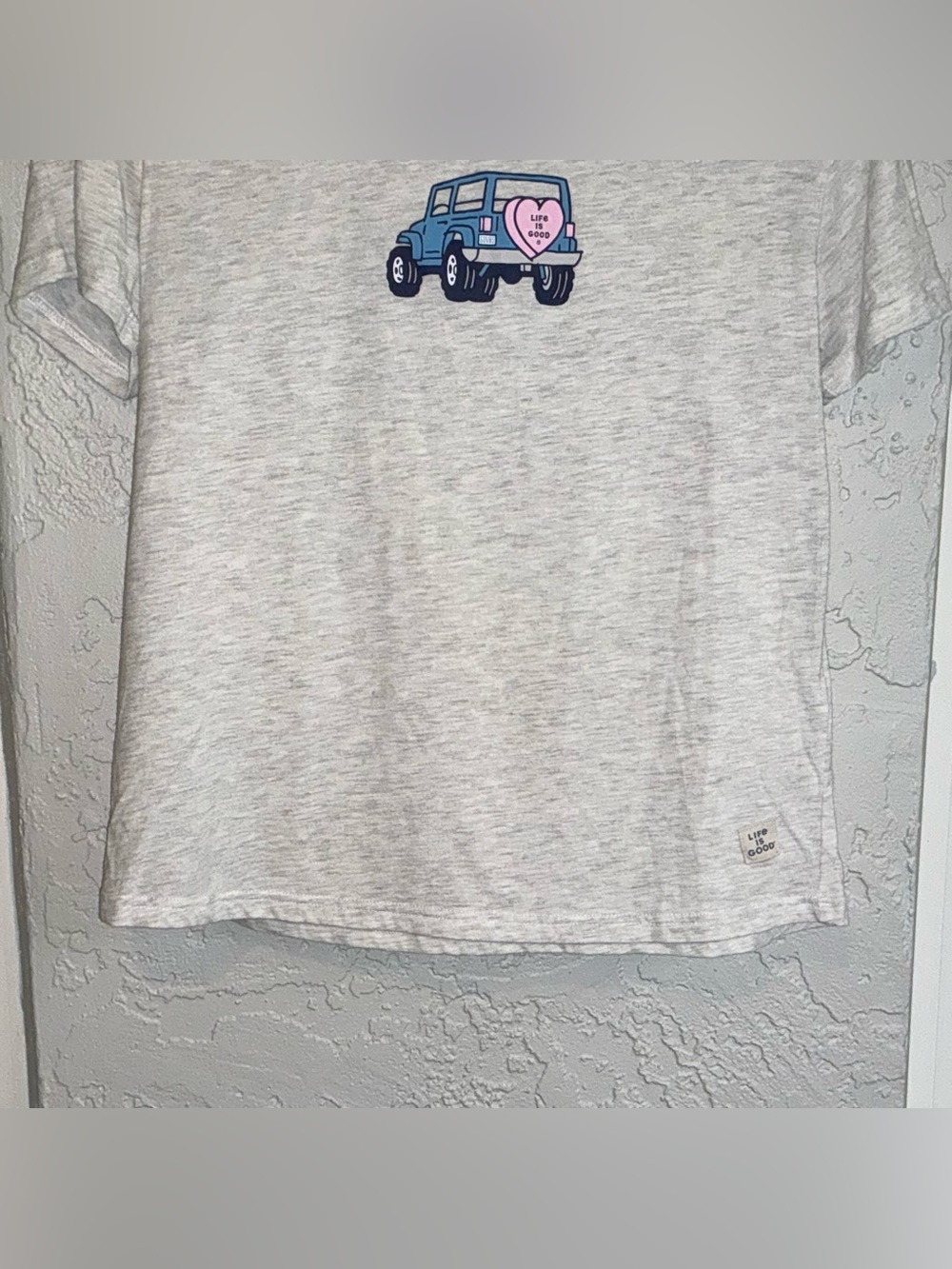 Life Is Good Light Heather Gray  Sleep Tee with Blue Jeep and Pink Heart - Picture 3 of 7